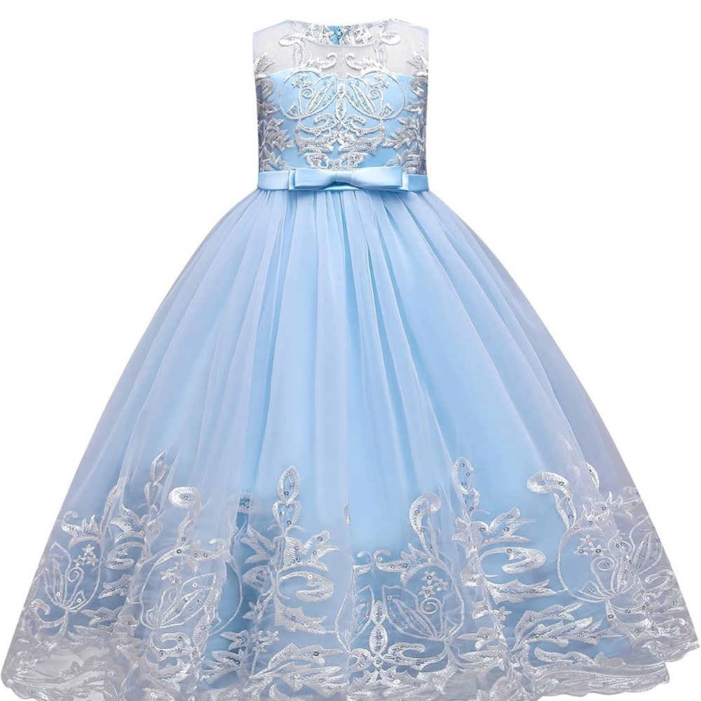 GUC Flower Girl Lace Dress for Party Formal Long Gown Princess Tulle Bow Dress